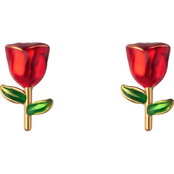 Sterling Silver Red Rose Earrings Floral Flower Red Green Stud Earrings - Picture 3 of 5